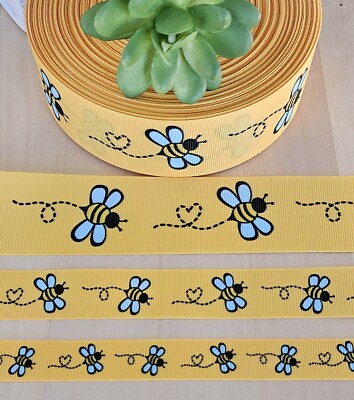 5/8, 7/8, 1, & 1.5'' (1 YD) Bumble Bee Grosgrain Ribbon Bees Baby Shower Ribbon
