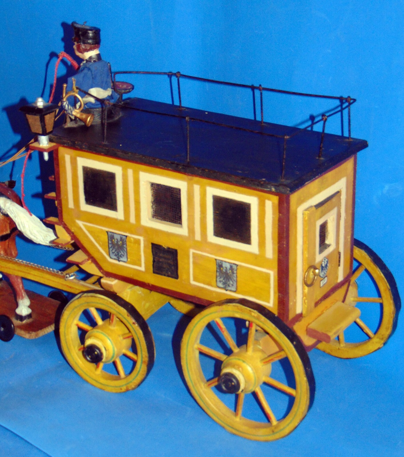 magnificent rare antique German  wood stagecoach w. coachman & horse  pull toy