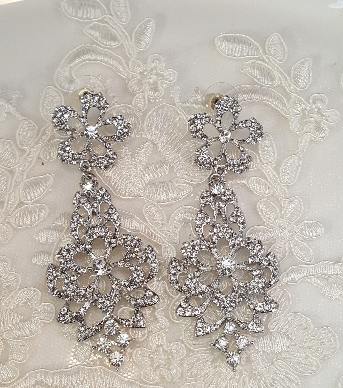Wedding Silver Plated Rhinestone Long Earrings Pierced
