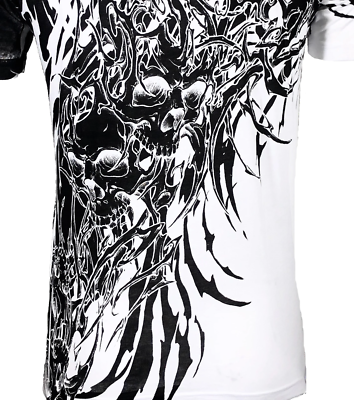 Xtreme Couture Affliction Men's T-Shirt BRUTAL COMBAT White Skull Biker Tattoo