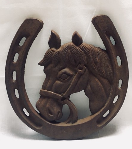 Large 10” Cast Iron Horse Figure In Horse Shoe Wall Decor Heavy Rusty Farm Decor