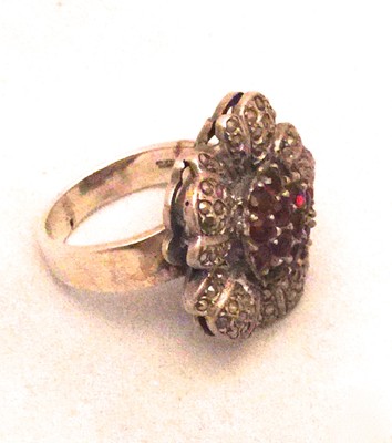 Vintage Art Deco Sterling Silver Flower Ring Marcasites Garnets Size 7.5