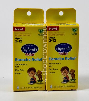 2 Hylands 4Kids EARACHE RELIEF .33oz homeopathic LIQUID DROPS Ear Pain Fever