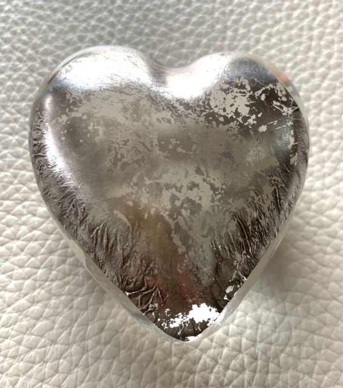 Robert Held Art Glass Hand Blown Silver FOIL HEART PAPERWEIGHT - Signed