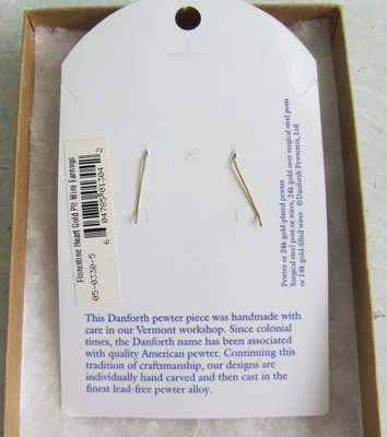 Danforth Pewter Vermont Made 24K Gold Plated Florentine Heart Pierced Earrings