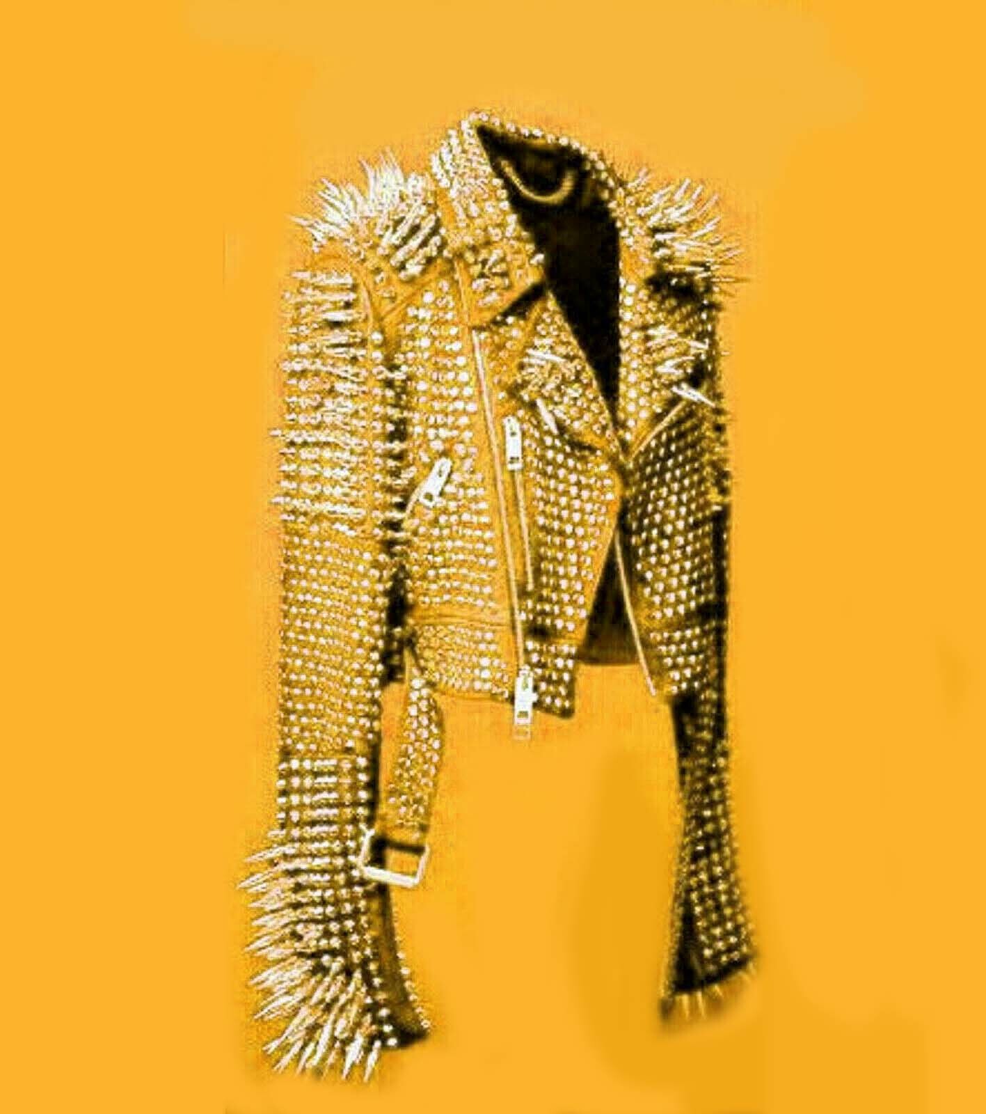 Pre-owned Handmade Woman's Brando Style Full Silver Studded Antique Cowhide Leather Jacket-50