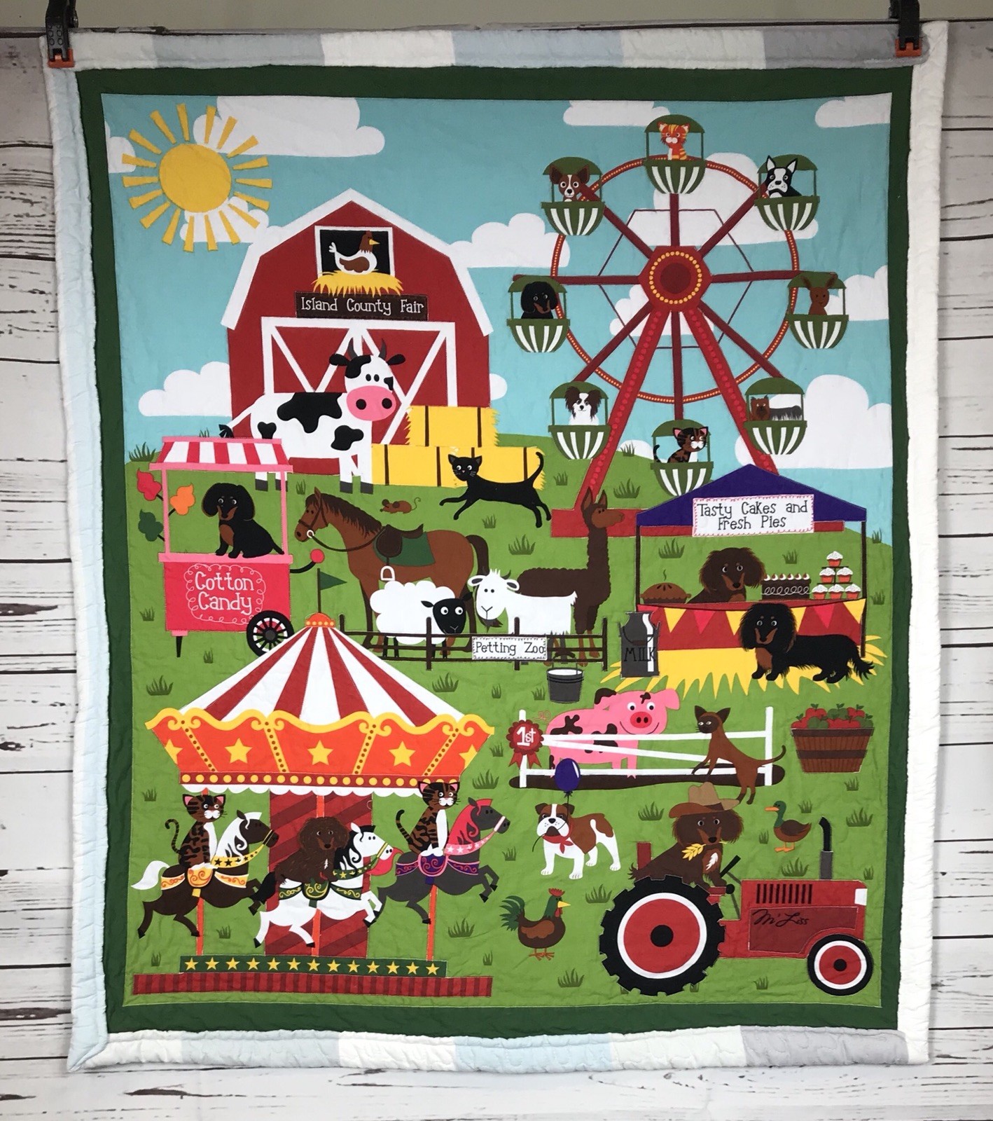 Crib Quilt Blanket Barnyard Animals Handmade Fair Theme Baby Kid LightBlue/White