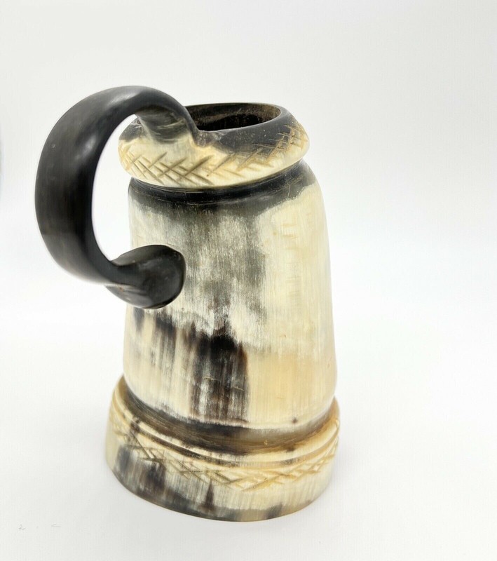 Animal Horn Mug Cup Carved Viking Folk Art Ceremonial Handmade Vintage Rare