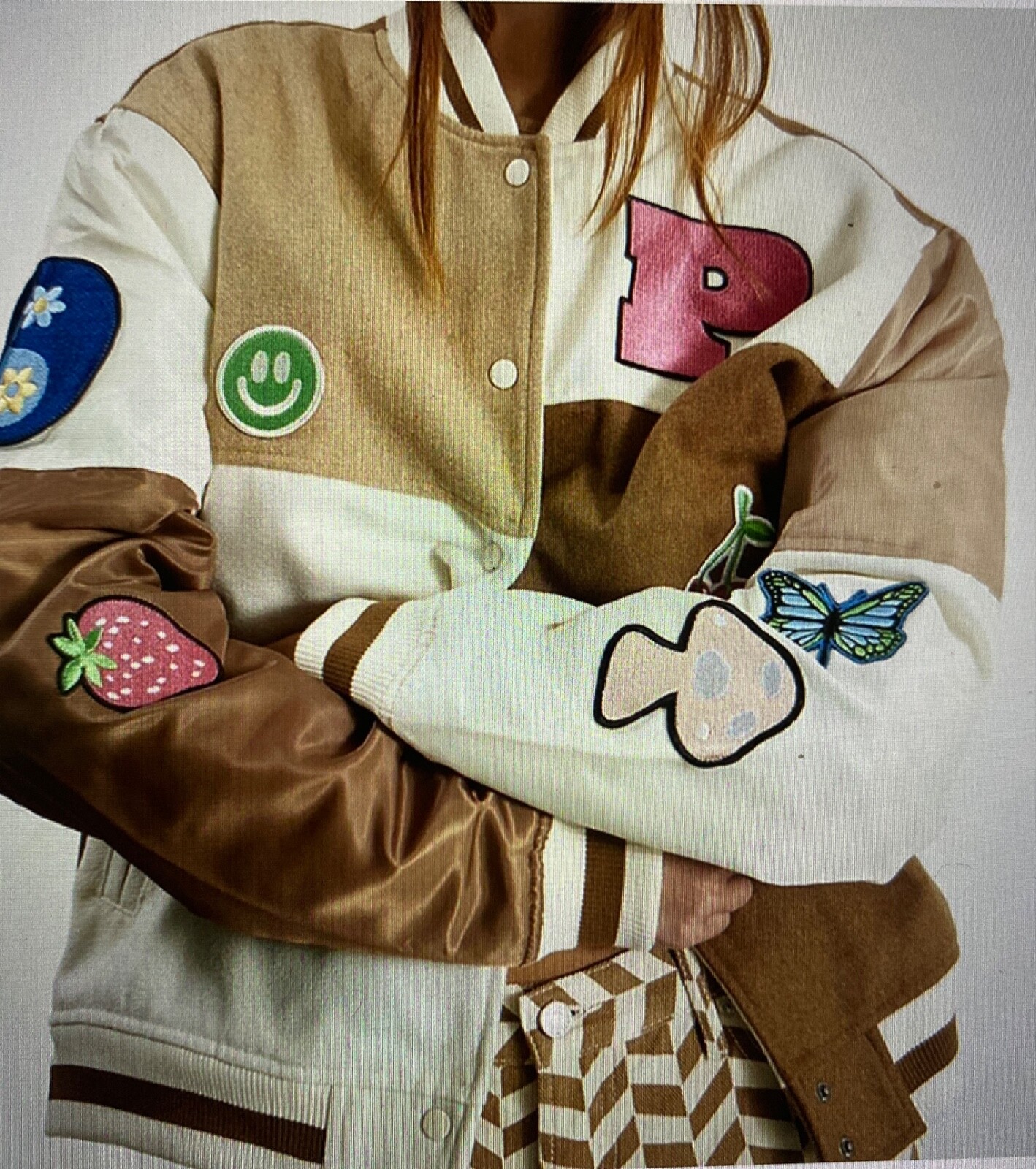 XS/S PacSun Brown Patchwork Letterman Varsity Bomber Jacket