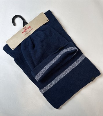 Levi's Knit Beanie Hat & Scarf Set Blue With Stripes Men s One Size NEW.