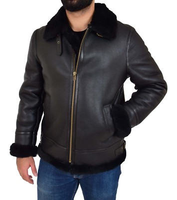 Mens Genuine Black Sheepskin Jacket Flying Aviator B3 Bomber Shearling Coat NEW