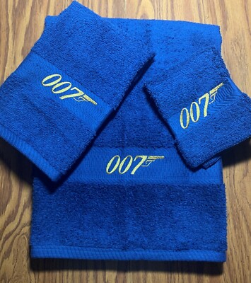 007-Bond Inspired 3pc Blue 1 Bath, 1 Hand Towel & 1 washcloth w/gold tone thread