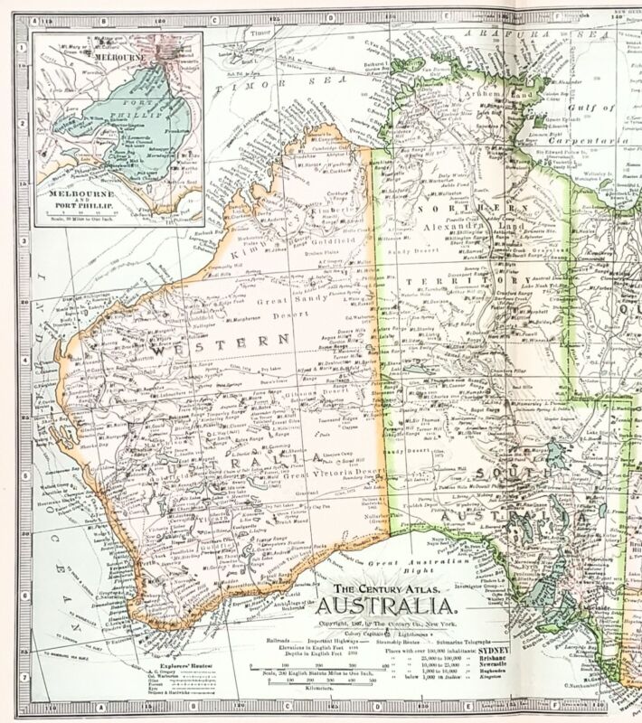 1897 Australia Map Sydney Melbourne New South Wales Perth Queensland Victoria  