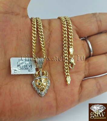 Pre-owned Globalwatches10 Real 10k Gold & Diamond Lion Head Charm Miami Cuban Chain 24 Inch Men's Women