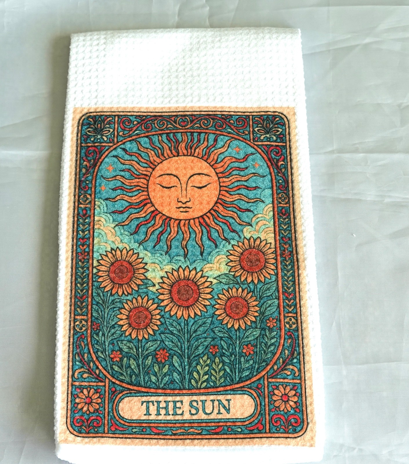 Mystical Sun Tarot Kitchen Towel, Gothic Halloween Dish Cloth, Absorbent Decor