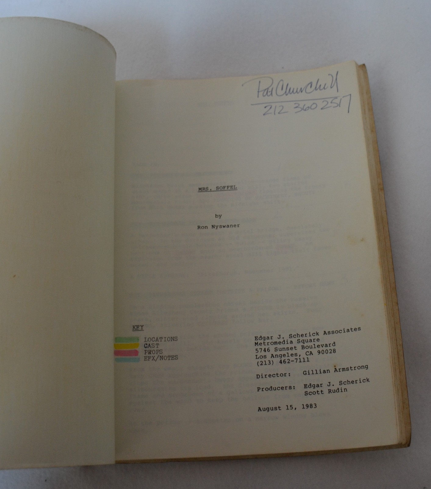 Original Mrs. Soffel Screenplay Script Film Based Signed