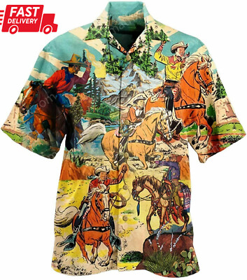 Cowboy Real Man Ride Horses Hawaiian Shirt Hawaii Beach Retro Soft 3D HAWAII