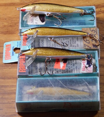 4) OLD RAPALA F-7 FLOATING MINNOW LURES GOLD BLACK COLOR NEW IN BOX LQQK