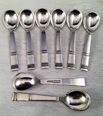 Rare Vintage Denmark H. NILS Set of 8 Solid Sterling Silver Salt Cellar Spoons