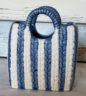 Stripped Ceramic Shopping Beach Bag Handles Home Decor Trinket Planter Vase NEW