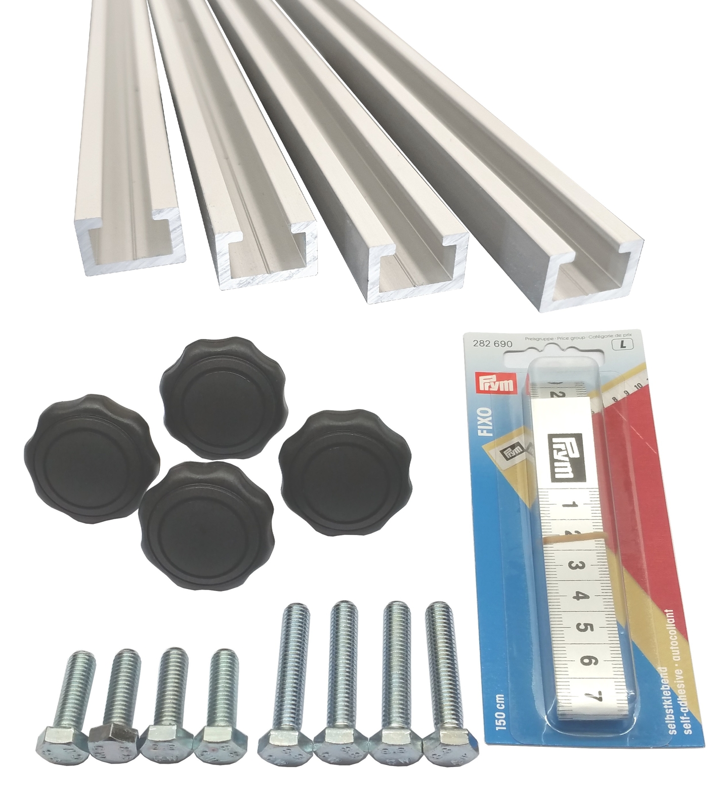 Set 4x 1m Alu C Profil inkl Maßband Griffmuttern M8 Schrauben, 17x11x4,5x2mm