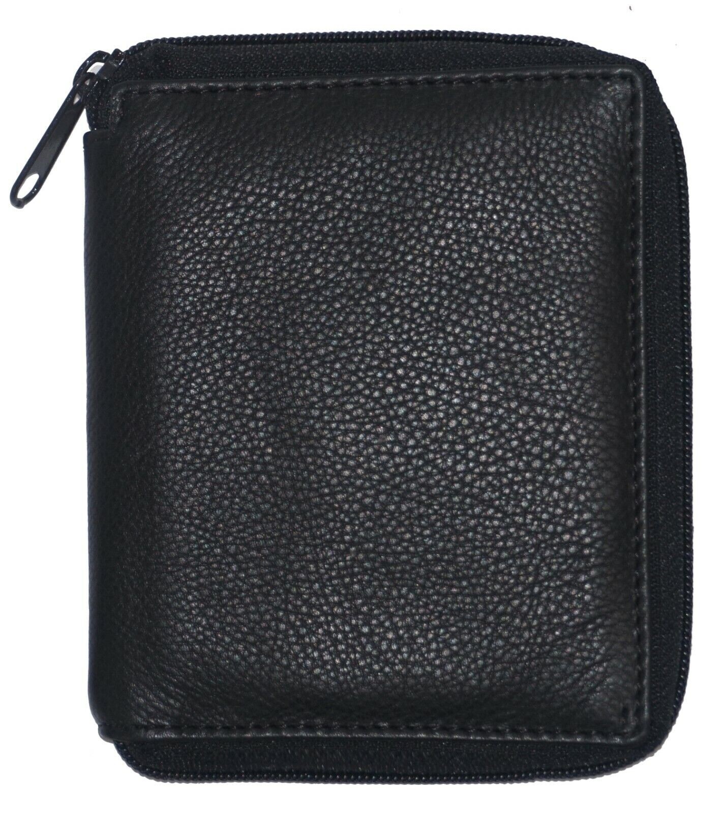 RFID Genuine Leather Mens Zipper Bifold Wallet Hipster Cowhide Credit Card Black