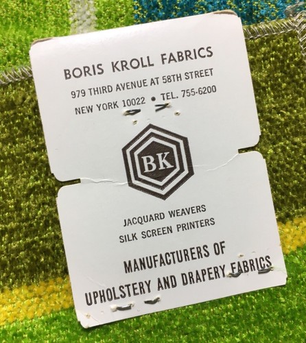 Vintage 60s Boris Kroll Looms Fabric Sample - MCM Textile - Green Blue Yellow