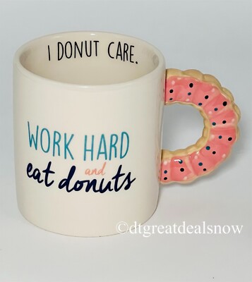 American Atelier Work Hard and Eat Donuts Coffee Mug 12 oz Pink Donut Handle