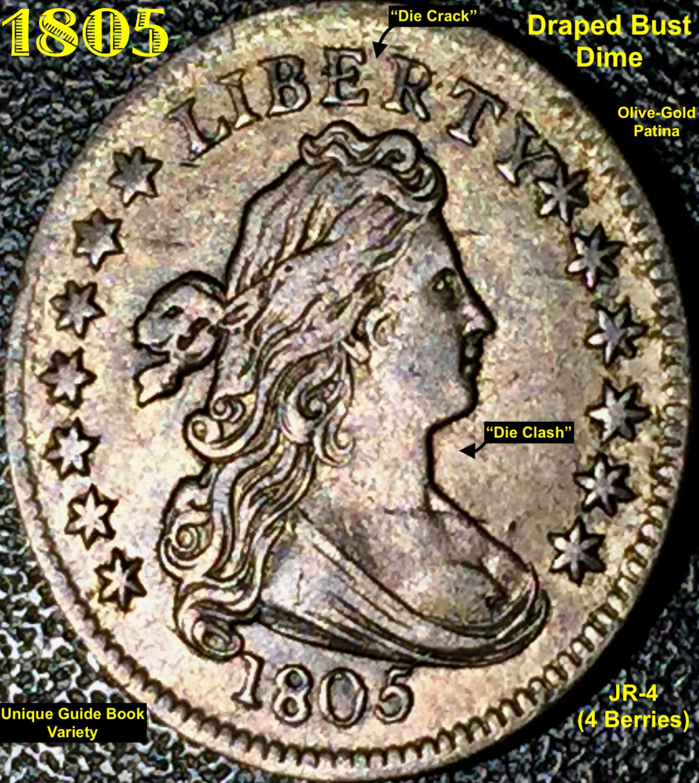 1805 DRAPED BUST DIME JR-2 (4 BERRIES) **UNIQUE GUIDE BOOK VARIETY**