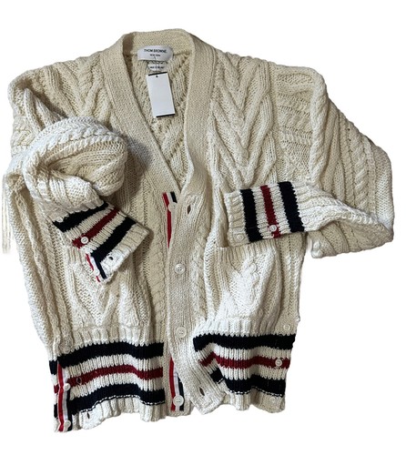 Pre-owned Thom Browne Men Open Knit Wool Blend Cardigan Sweater White L ( 3 ) Ireland