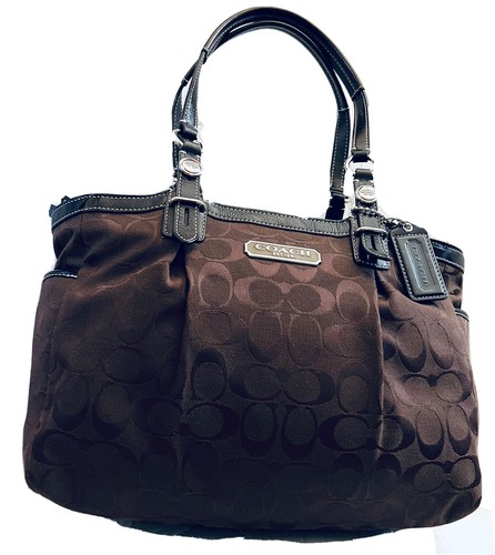 COACH SIGNATURE SHOULDER SATCHEL TOTE BAG BROWN LEATHER TRIM
