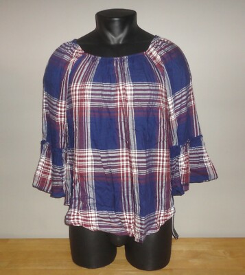 A. BYER Plaid Bell Sleeve Purple Blue Peasant Top Blouse Womens Large *NEW*