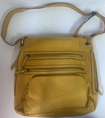 Bueno Multi Pocket Crossbody Bag Purse Faux Leather  Sand Yellow 7 Zip Pockets