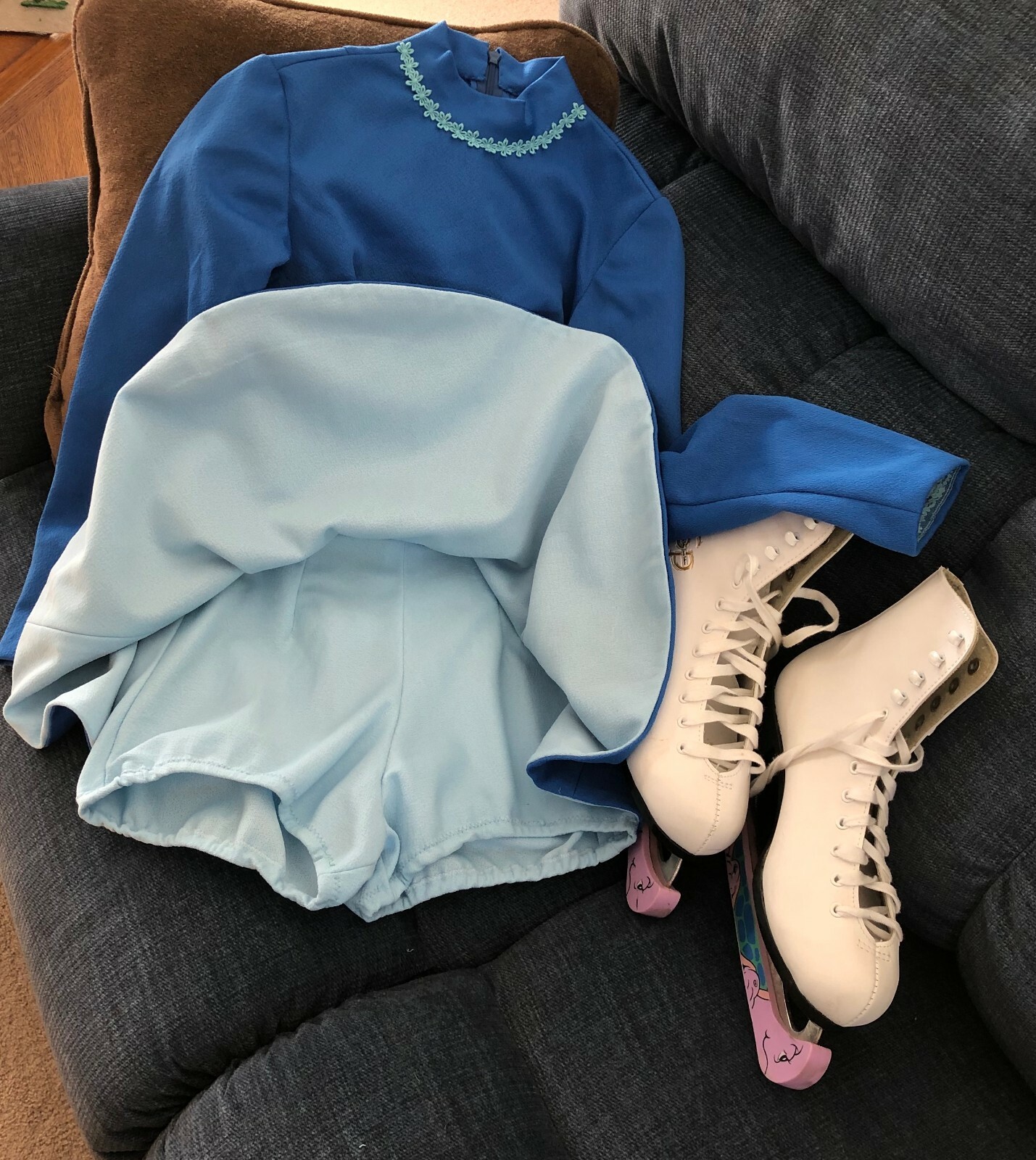 Vintage Skating Costume 1970's Royal Blue and Light Blue Zipper Back Homemade