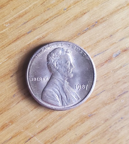 1987 lincoln penny no mint mark, double Struck on front with