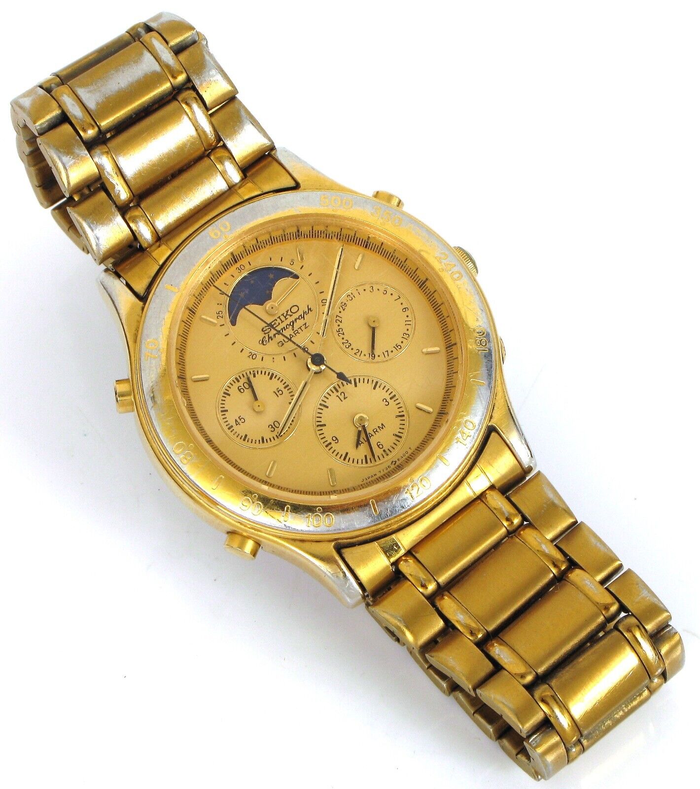 VTG BEAUTIFUL SEIKO MEN'S MOONPHASE 7T36 6A30 GOLD TONE VTG BEAUTIFUL SEIKO MEN'S MOONPHASE 7T36 6A30 GOLD TONE