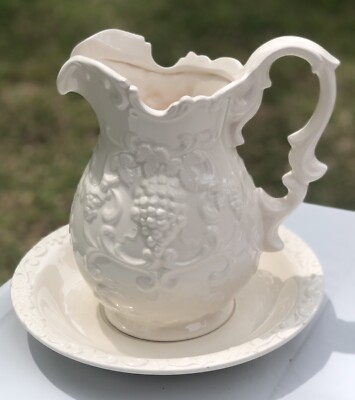 Vintage decorative Water Pitcher and Wash Bowl Basin Raised open rose green leaves and branch Scalloped edges with God Bless Our Home