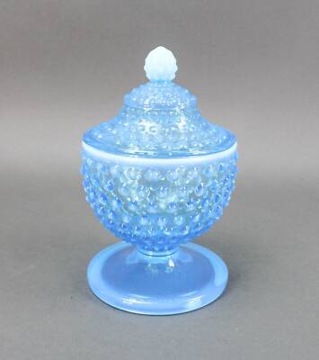 Fenton Blue Opalescent Hobnail Footed Covered Candy Dish Jar