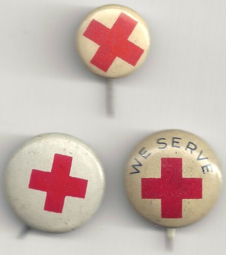 3 Pin Lot of Vintage RED CROSS Pins ~ 2 Lithos & 1 Tiny Celluloid