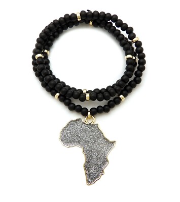 New Africa Map Glitter Pendant 6mm/26'',30'' Wooden Bead Chain Necklace RC3997