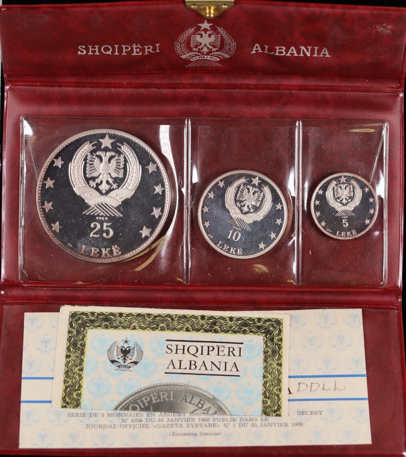 1969 Albania 3-Piece Silver Coin Proof Set in original holder with COA