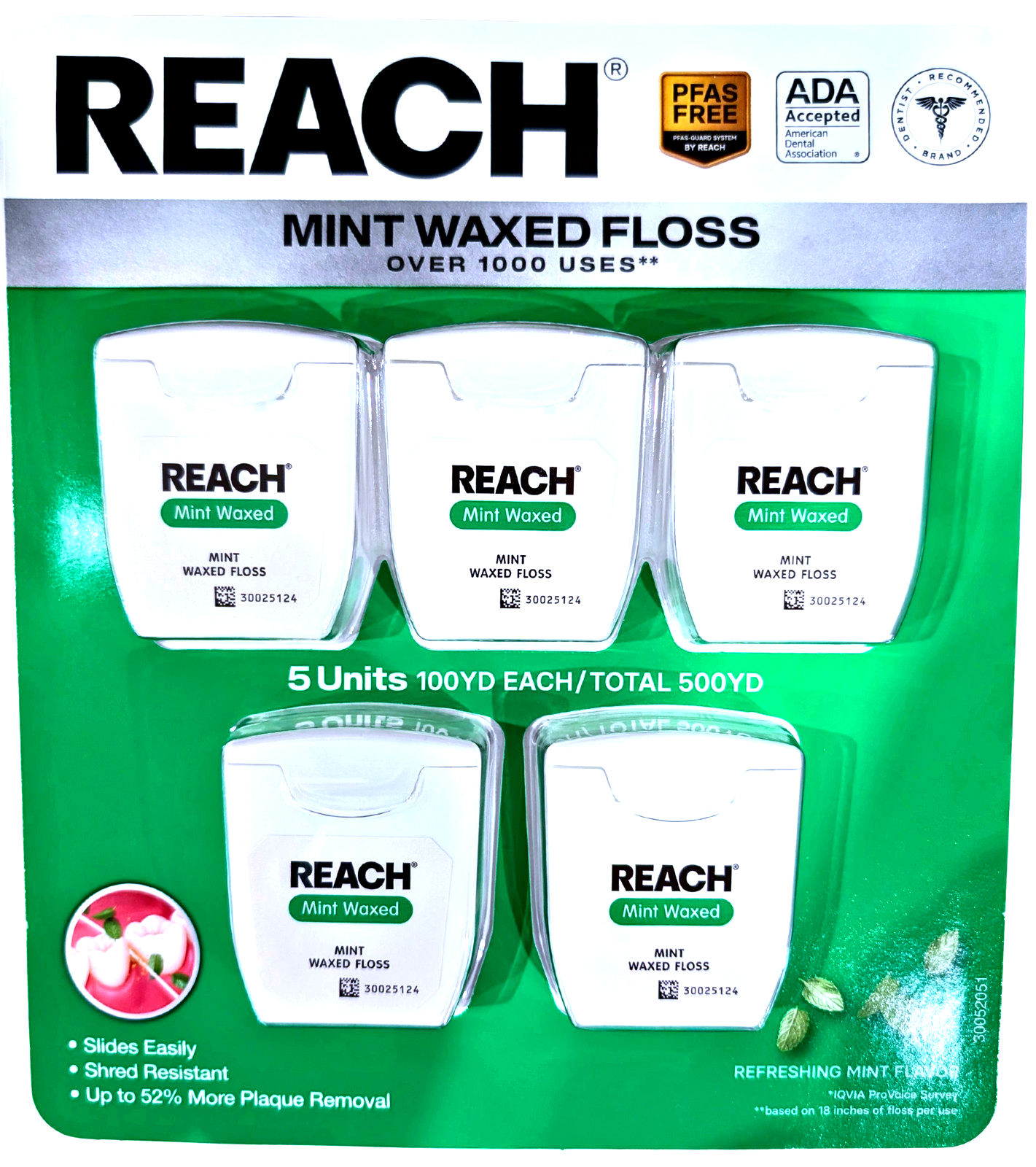 Reach Mint Waxed Floss 5 Count x 100 Yards