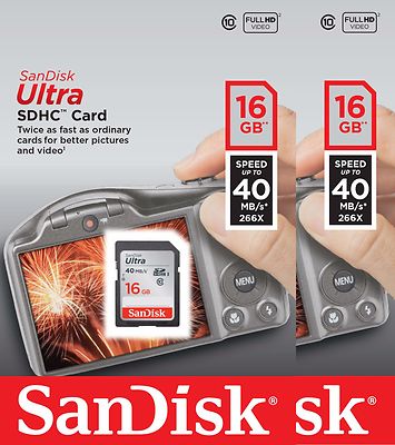 2 PACK SanDisk Ultra 16 GB (= 32GB ) SDHC SD Class 10 40MB/S