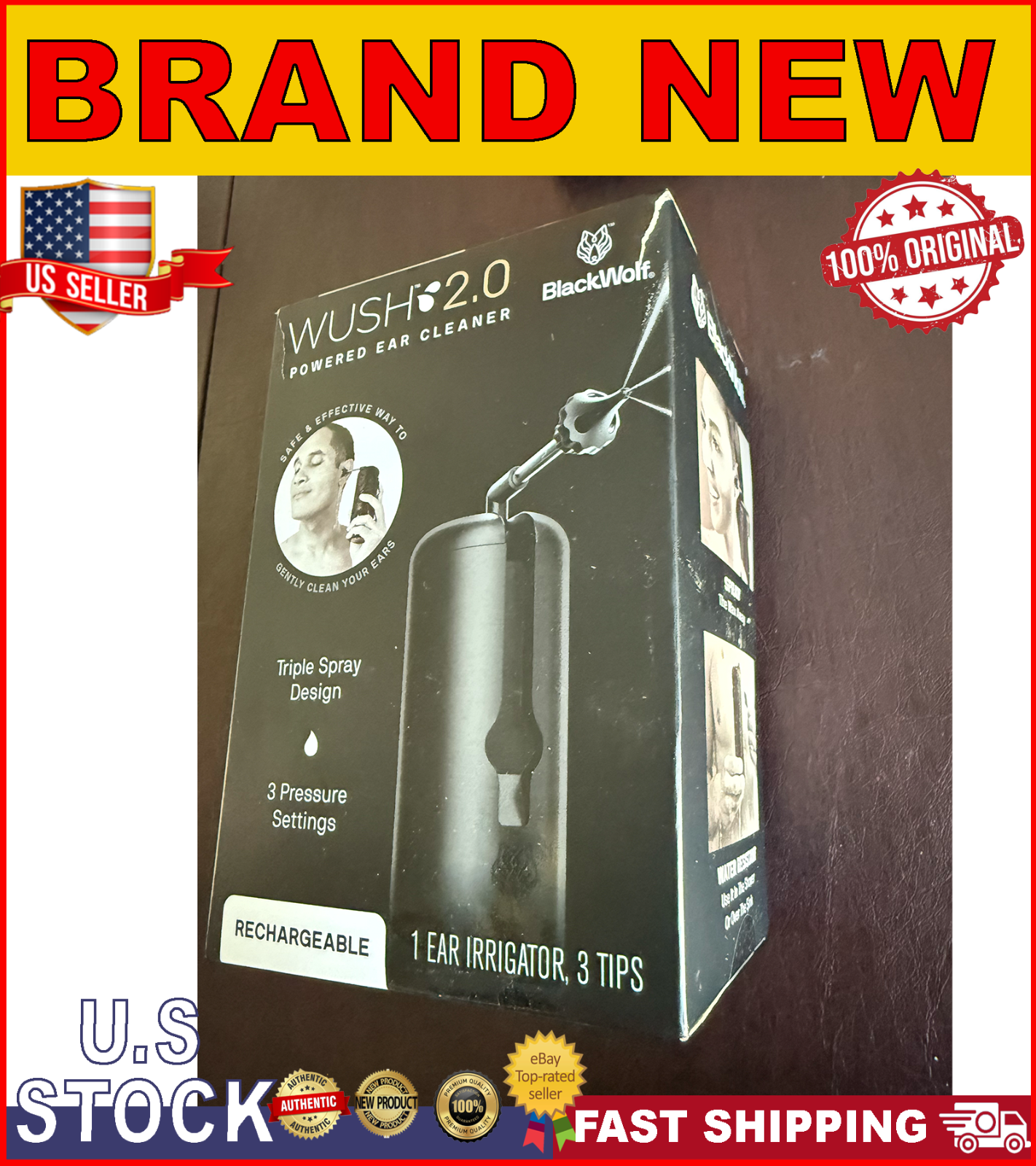 Black Wolf Wush 2.0 Powered Rechargeable Ear Cleaner triple spray design - NEW