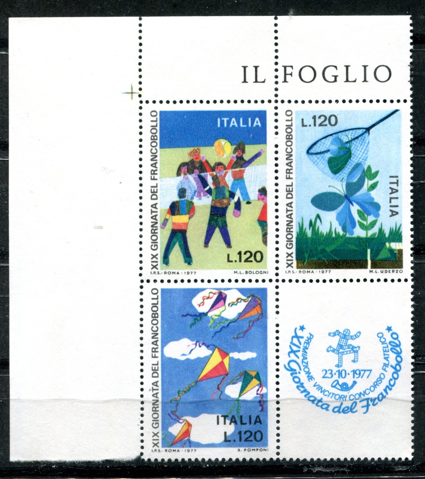 ITALY 1977, STAMP DAY, KITES, BUTTERFLY, VOLLEYBALL + LABEL