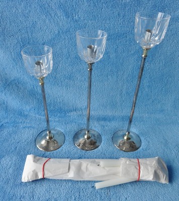 VINTAGE WEDDING CANDLE HOLDERS WITH CANDLES ~BRASS WITH GLASS USED IN THE 1950's