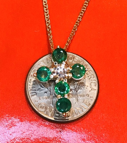 Pre-owned H3jewels 14k Solid Yellow Gold Natural Emerald & Diamond Pendant May Birthstone Cross In Green