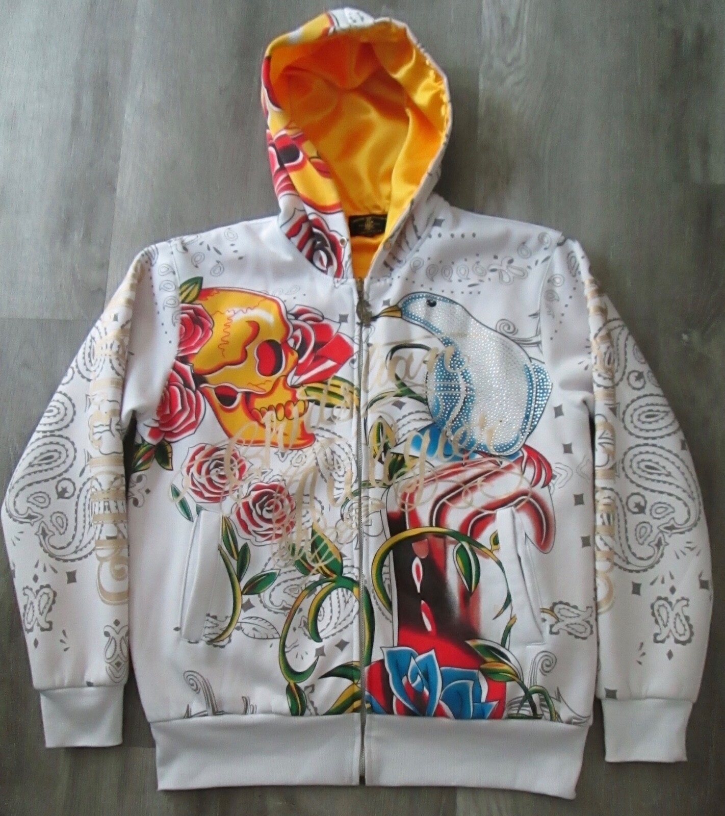 トップス 00s Christian Audigier double zip hoodie VTG CHRISTIAN AUDIGIER FULL ZIP HOODIE WHITE EMBELLISHED