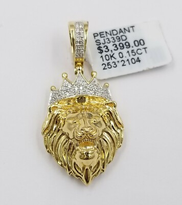 Pre-owned Globalwatches10 Real 10k Yellow Gold Lion Head 1.5" Charm Pendant With Genuine Diamonds