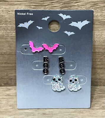 Novelty Cute Bats Ghost Boo Halloween Party 3 Pairs Pierced Stud Earrings Set